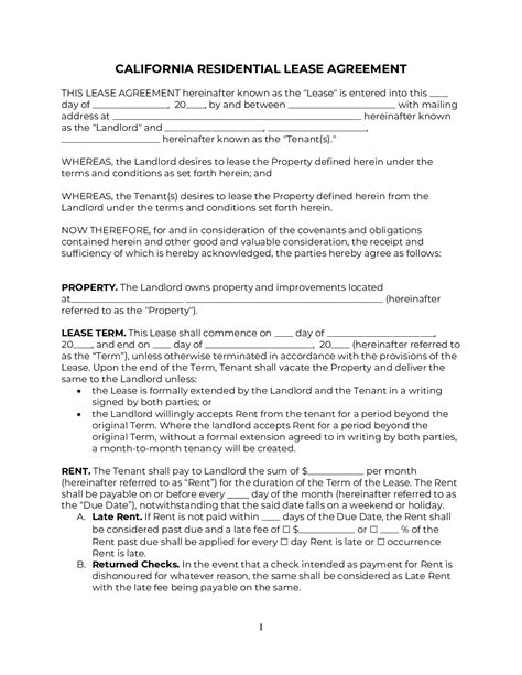 California Residential Lease Agreement Template Printable