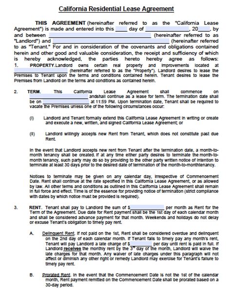 California Residential Lease Agreement Template Word