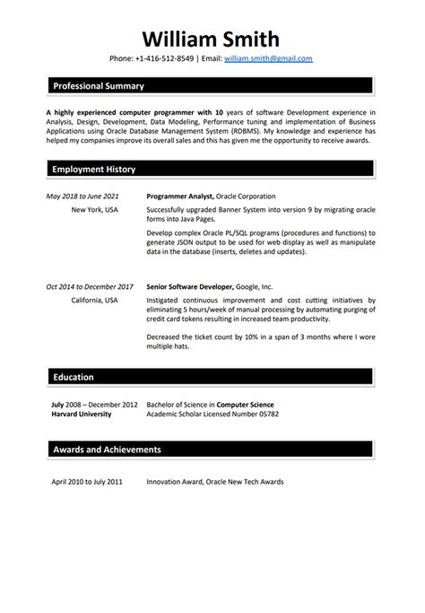 Canadian Job Resume Template Example