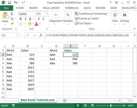 Case Sensitive Vlookup Example 10