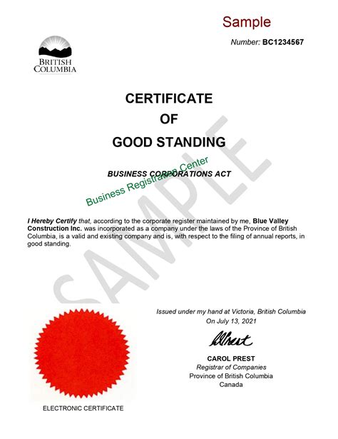 Certificate of Good Standing Example