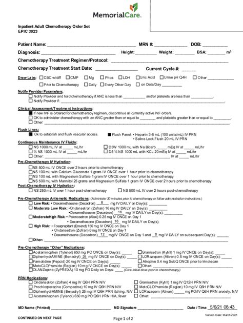 Chemotherapy Order Template for Gynecologic Cancers