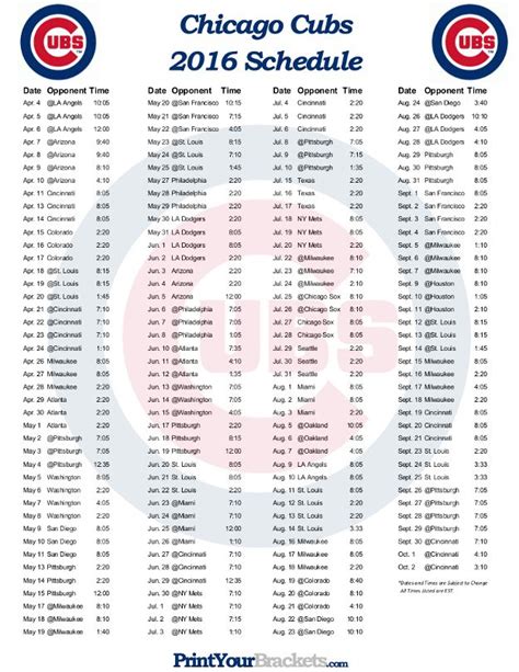 Chicago Cubs Printable Game Schedule