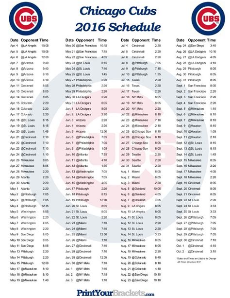 Chicago Cubs Printable Schedule Download