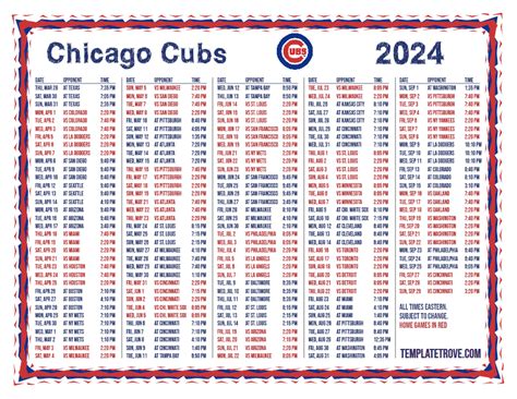 Chicago Cubs Schedule Template