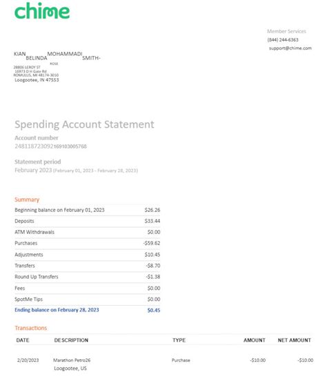 Chime Bank Statement Template Example