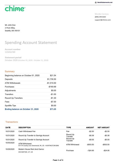 Chime Bank Statement Template Format 2