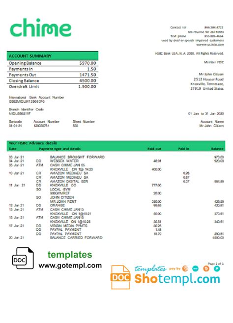 Chime Bank Statement Template Layout