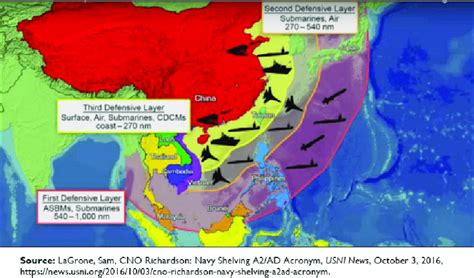 A graphic illustrating China's A2/AD strategy in the South China Sea.