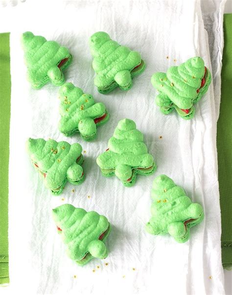 A Christmas tree macaron with a rustic bark-like texture