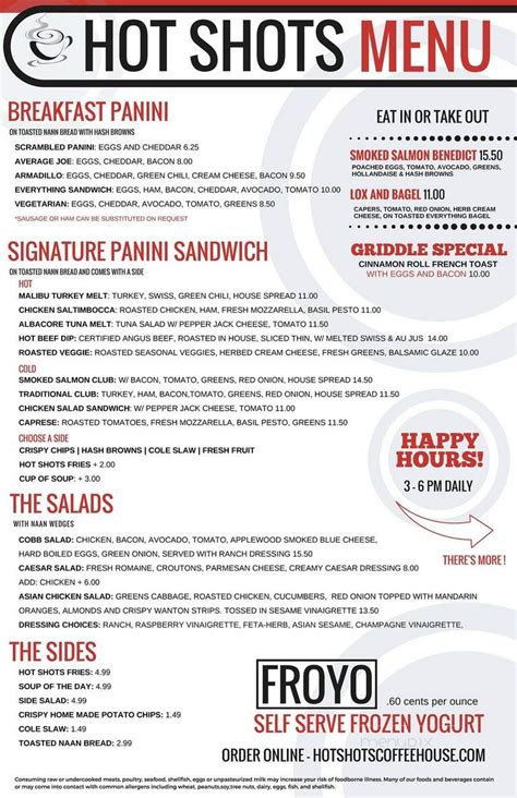 Cindys Hot Shots Bar and Grill menu