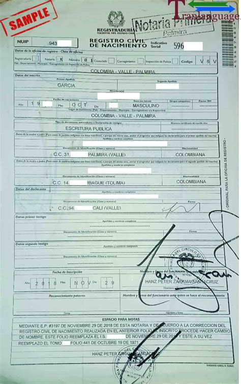 Colombian Birth Certificate Translation Sample