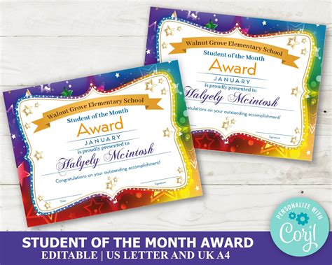 Colorful Student of the Month Certificate