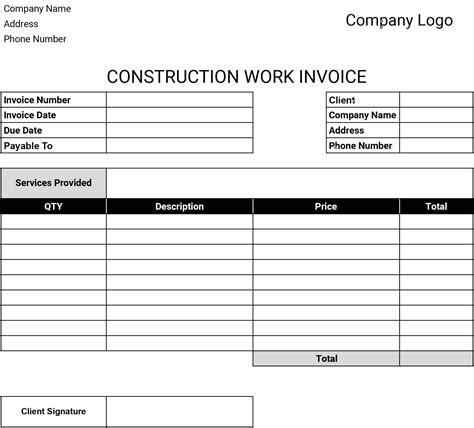 Construction Invoice Template in Excel