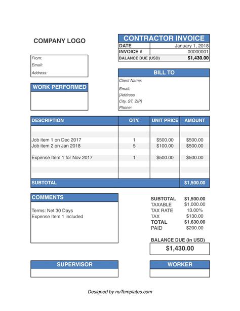 Contractor Invoice Template Example 3