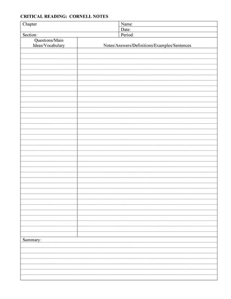 Cornell Notes Template Example 3