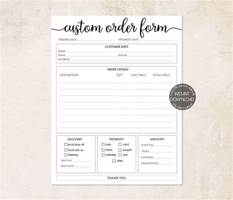 Craft Business Order Form Design