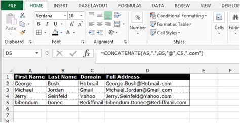 Create Email Address In Excel CONCATENATE Function