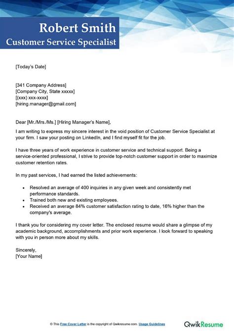 Customer Service Specialist Cover Letter Template Example