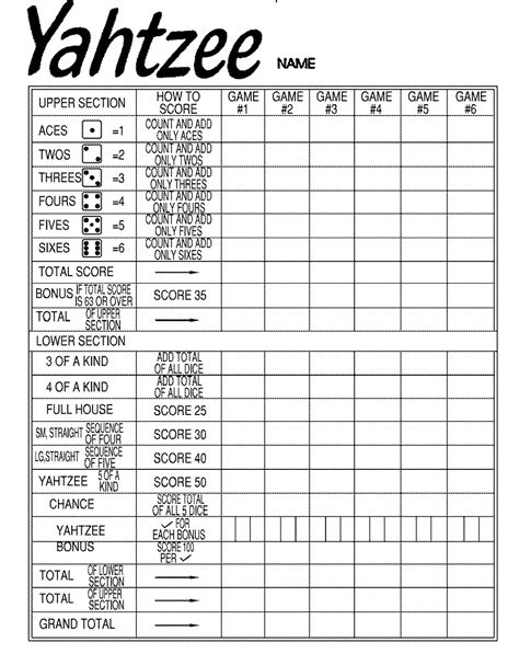 Customizable Yahtzee Score Sheet