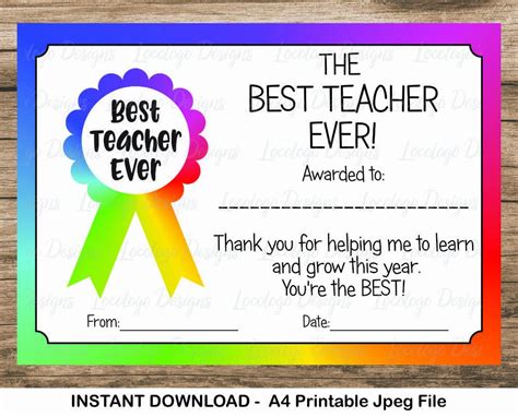 Customized Best Teacher Certificate Template Printable Award Example