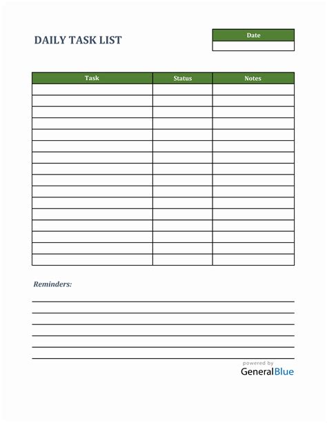 Daily Task List Excel Templates