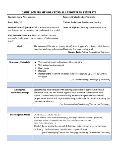 Danielson Framework Effective Lesson Plan