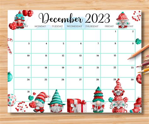 December Calendar Printable with Color-Coding