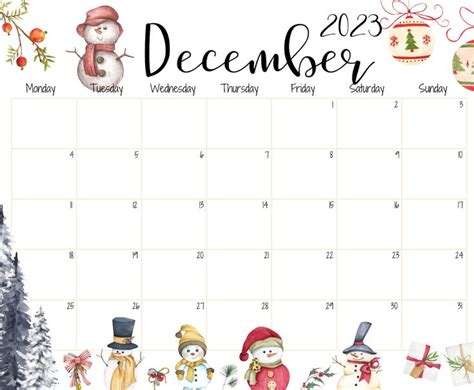 December Calendar Printable with Custom Artwork