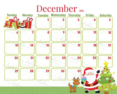 December Calendar Printable with Holiday Theme