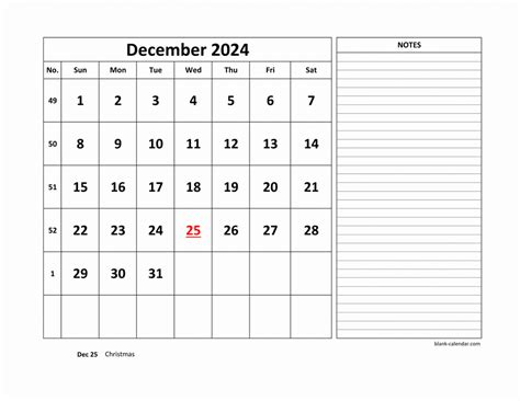 December Calendar Printable with Notes and Appointments