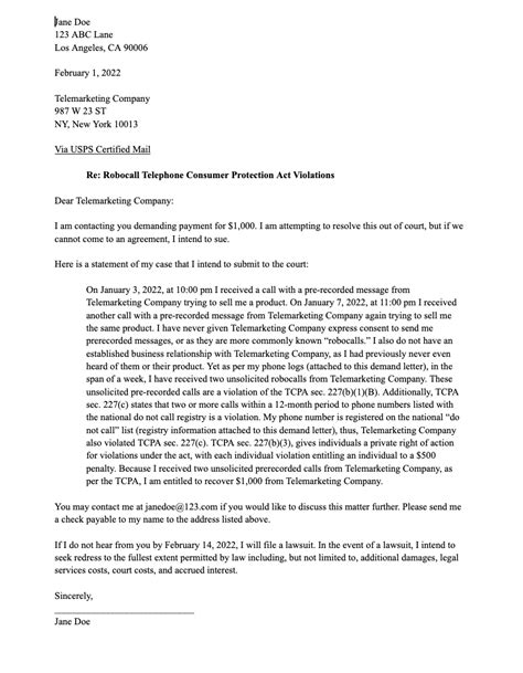 Demand letter for robocall violations