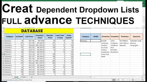 Create named ranges for each list of options