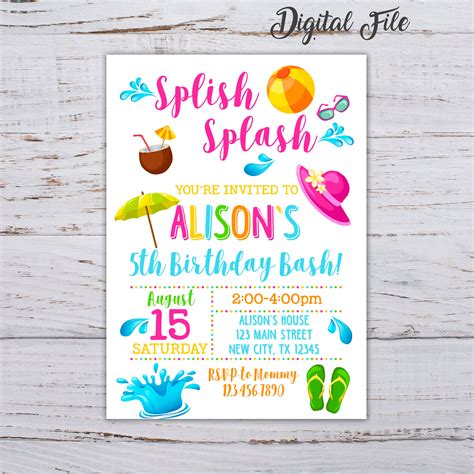 A list of design elements to include in a Splish Splash birthday party invitation template