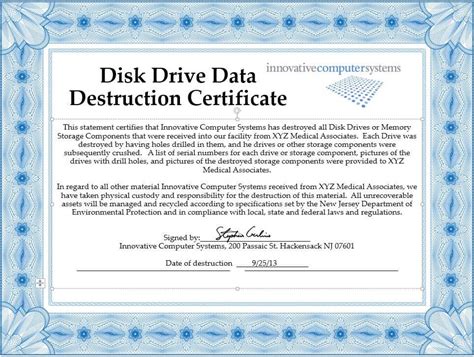 Detailed Hard Drive Destruction Certificate