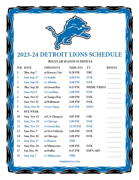 Detroit Lions 2023 Printable Schedule Graphic