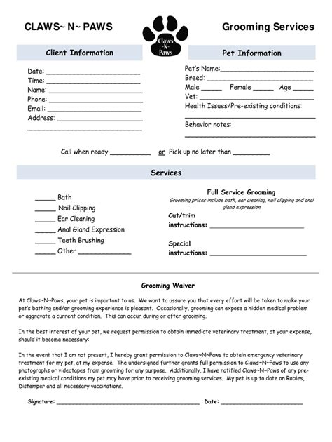 Dog Grooming Release Form Template