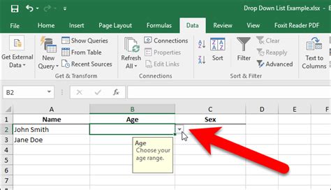 Dropdown Arrow in Excel Example 1