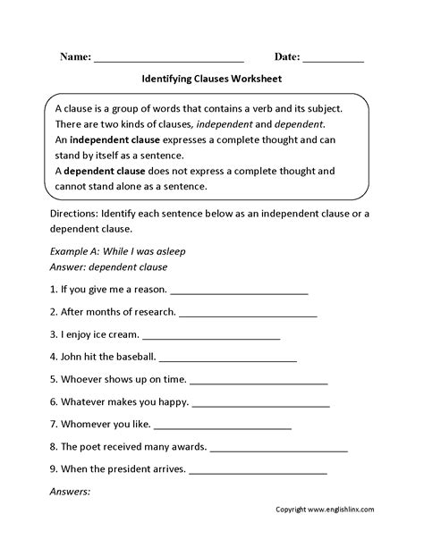 ESL Grammar Worksheets for Clauses and Phrases