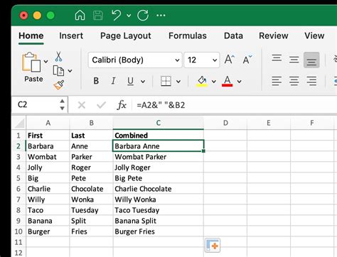 Combining Columns in Excel using Formulas and Functions