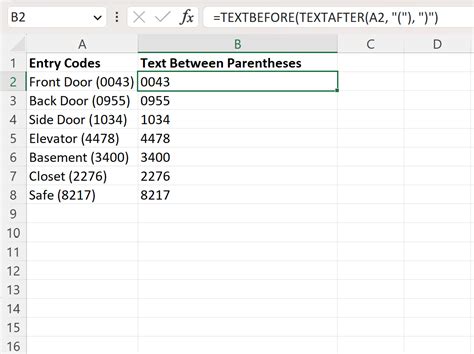 Example of using a formula to extract characters between parentheses in Excel