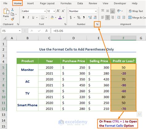 Excel Format Negative Numbers with Parentheses