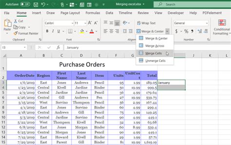 Excel merge row