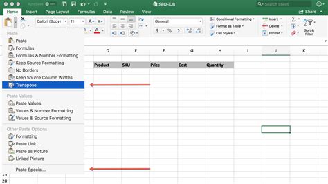 Paste Transpose Option in Excel