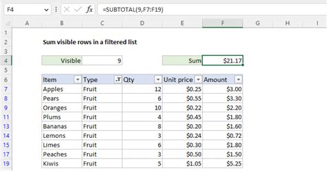 Excel Sum of Filtered Cells Example 2