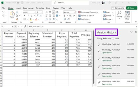 Excel Version History Feature