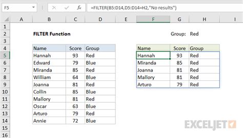 Filter Function Excel