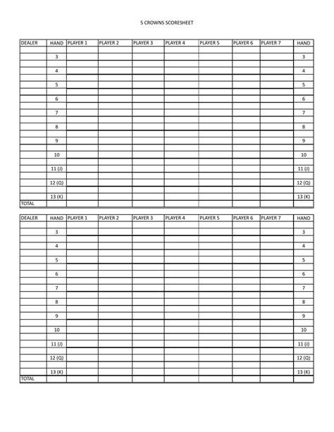 Five Crowns Score Tracking Template