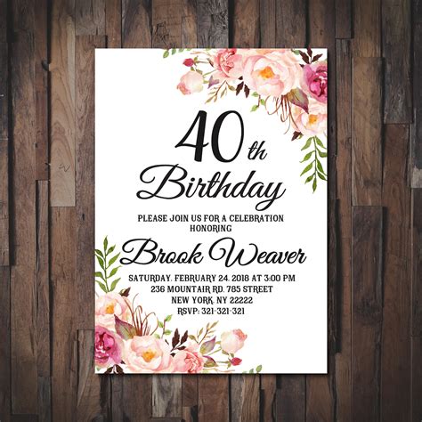 Image of a floral wreath 40th birthday invitation template