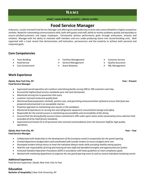 Food Service Manager Resume